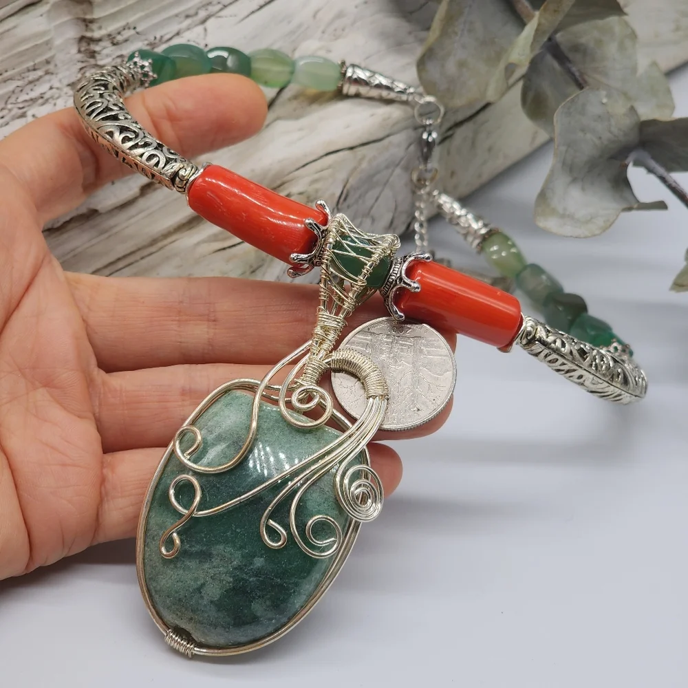 Designer Silver Necklace Natural Malaysia Green Jade Pendant Red Coral